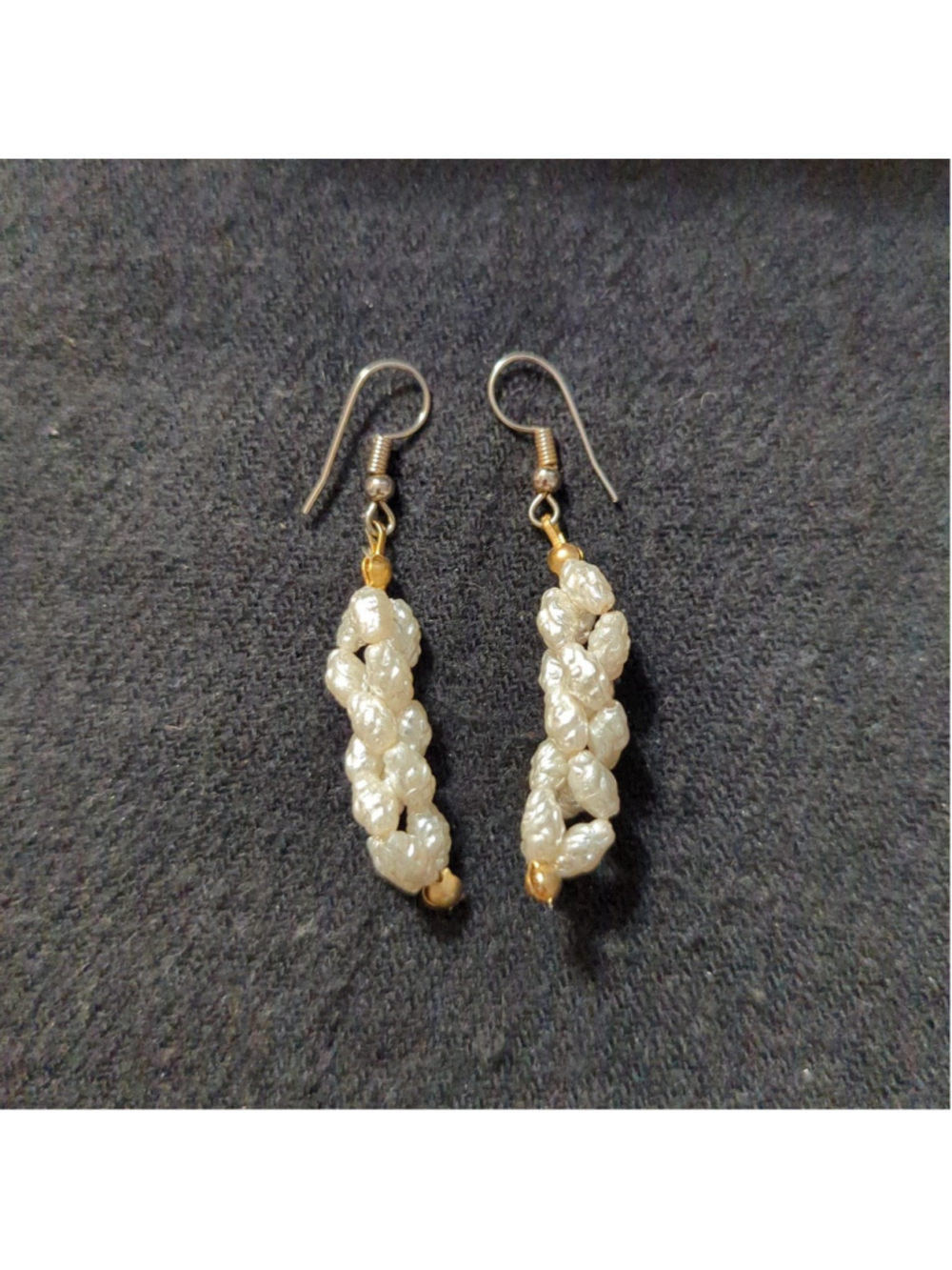 Gold Tone White Faux Rice Pearl Cluster Dangle Statement Earrings